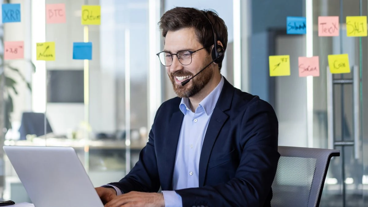 Sales rep handling an objection on a headset call