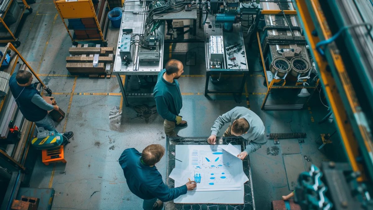 The Acerta team reviewing production data on a manufacturing floor