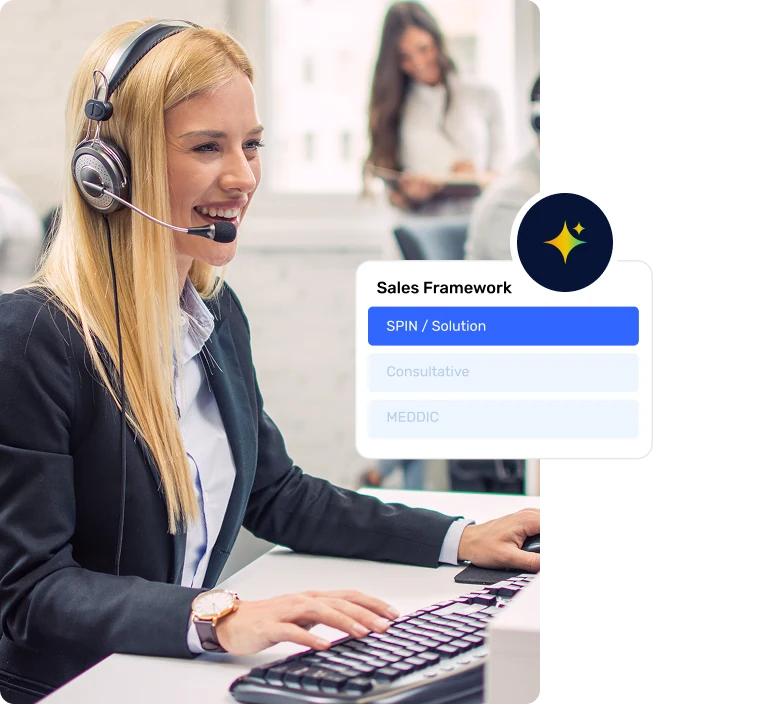 Sales rep on a call with a sales framework panel