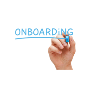 A hand holding a blue marker writing the word 'ONBOARDING' on a white background.